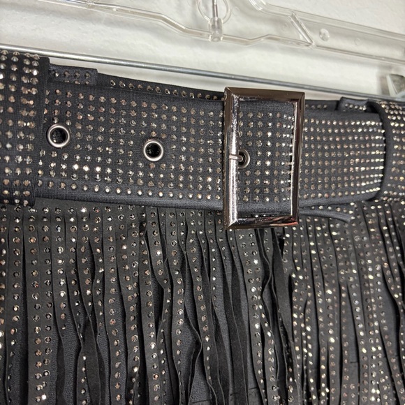 Nylon Apparel Rhinestone Multilayered Tassel Belted Mini Skirt Small Black New - Picture 3 of 8